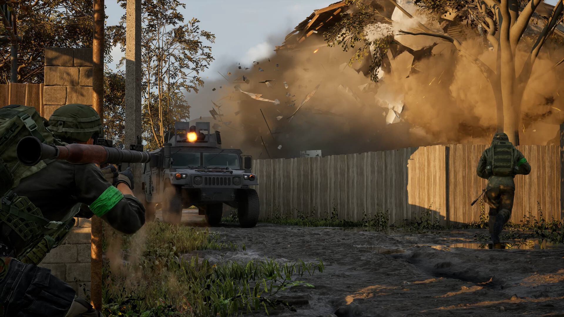 A WARDOGS main battle tank engaging enemy infantry on a foggy forested mountain road