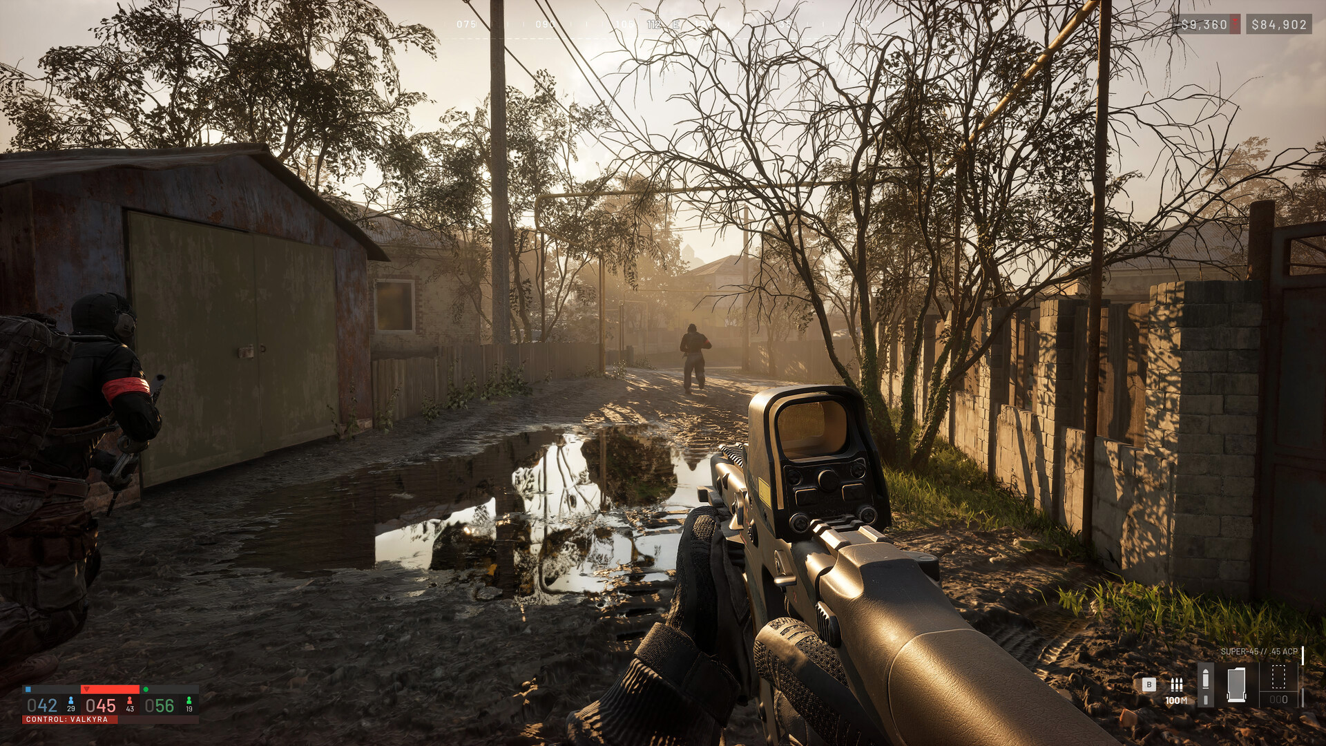 First-person view inside a dark armored vehicle interior with crew stations, compass and money HUD in WARDOGS
